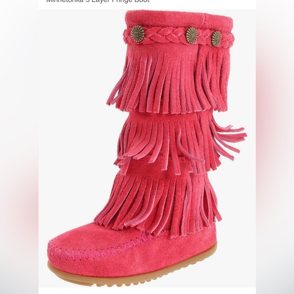 Pink Minnetonka 3 Layer Fringe Kids Boots - Picture 1 of 7